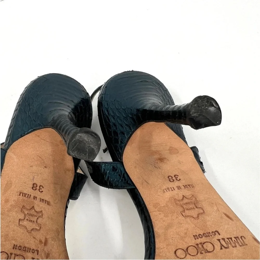 JIMMY CHOO Shoes Womens 38 Metallic Blue Snake Embossed Strappy Leather Sandal - Picture 12 of 14